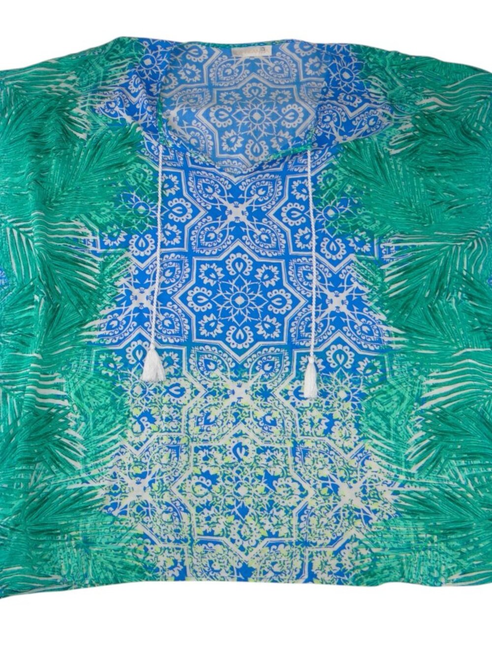 La Blanca Blue Green Tropical Tile‎ Print Tassel Poncho Swim Cover Up OS